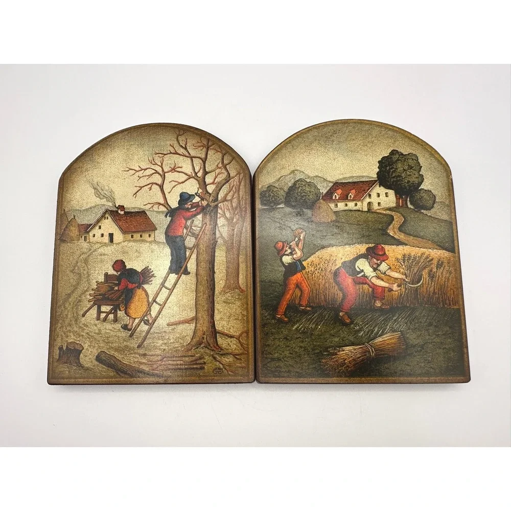 Livia Delle Vedove Vintage Italian Wood Art Plaques Set of 4 Pastoral Harvest